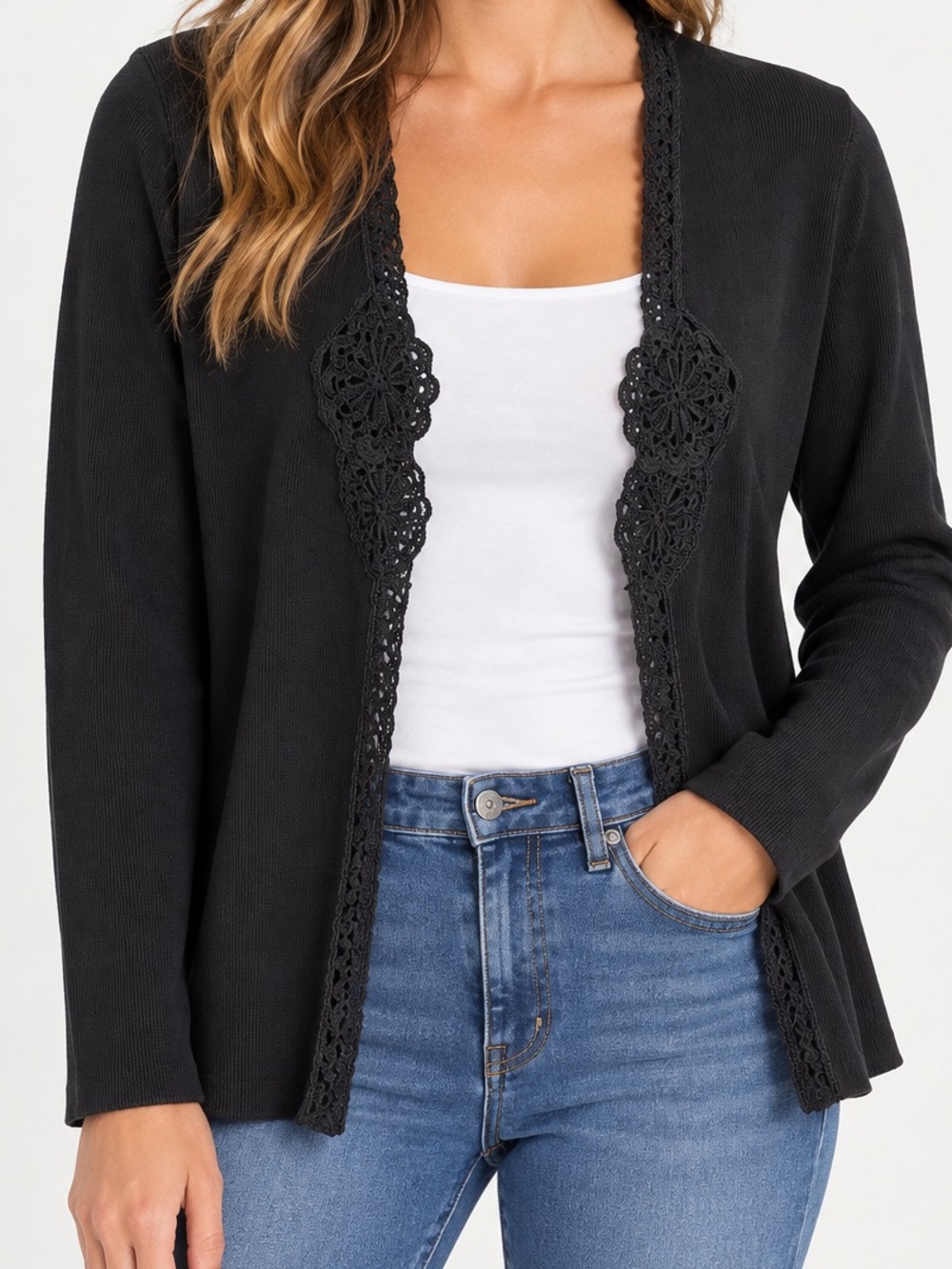 Talbots Black Crochet Lace Trim Open Front Cardigan Sweater Size S